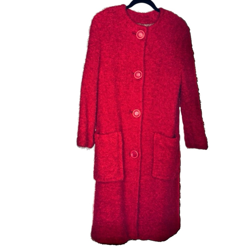 Vintage 60s Retro Red Mohair Soft Fuzzy Women's Coat w Matching Scarf - S